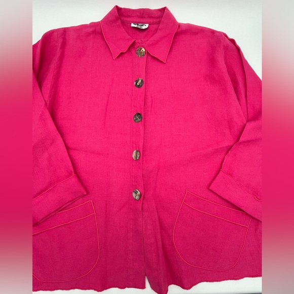 VTG art teacher Pink Button-Up Linen Jacket pockets artsy buttons M/L Lagenlook - Picture 1 of 10